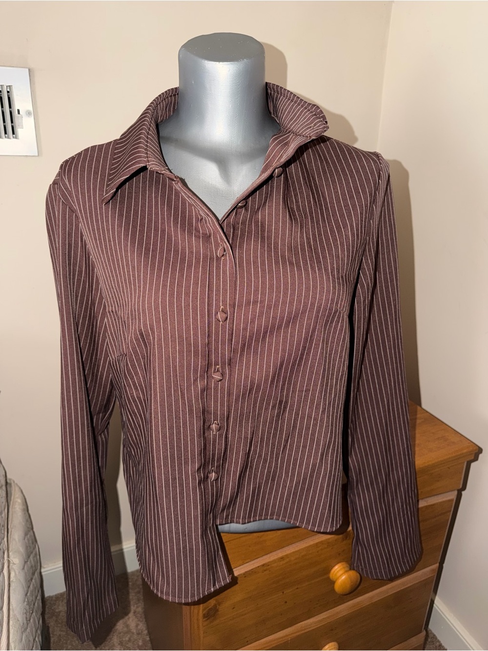 SHEIN Brown Pinstripe Button-Up Blouse